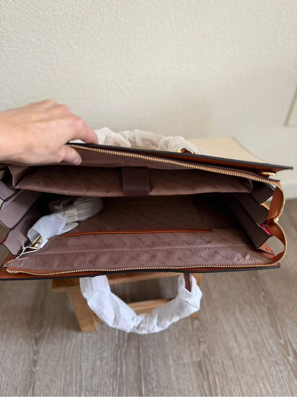 Tan Cream Laptop Briefcase Structured Work Tote 15.6”